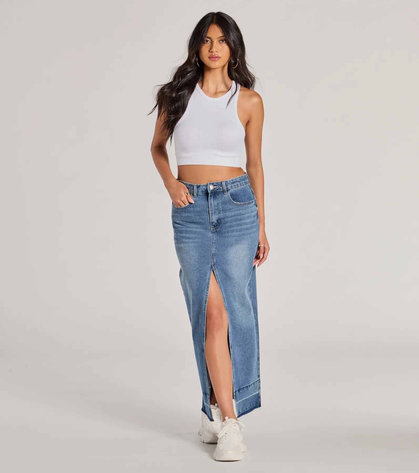 Coolest Vibe High Slit Denim Maxi Skirt