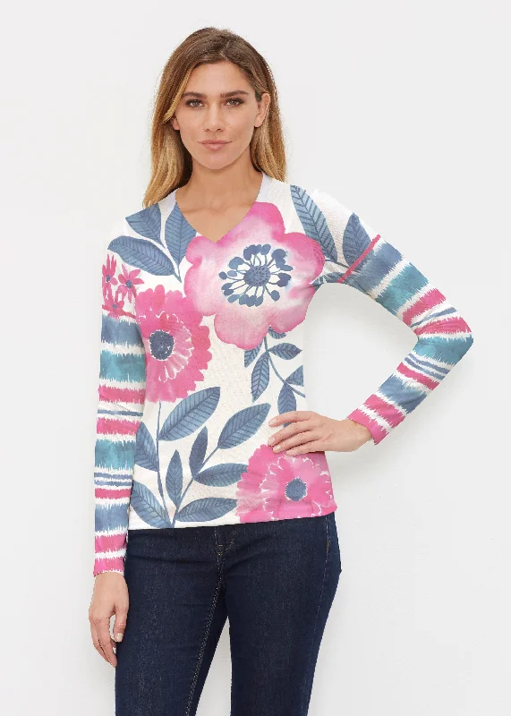 Watercolor Blooms (13355) ~ Butterknit Long Sleeve V-Neck Top