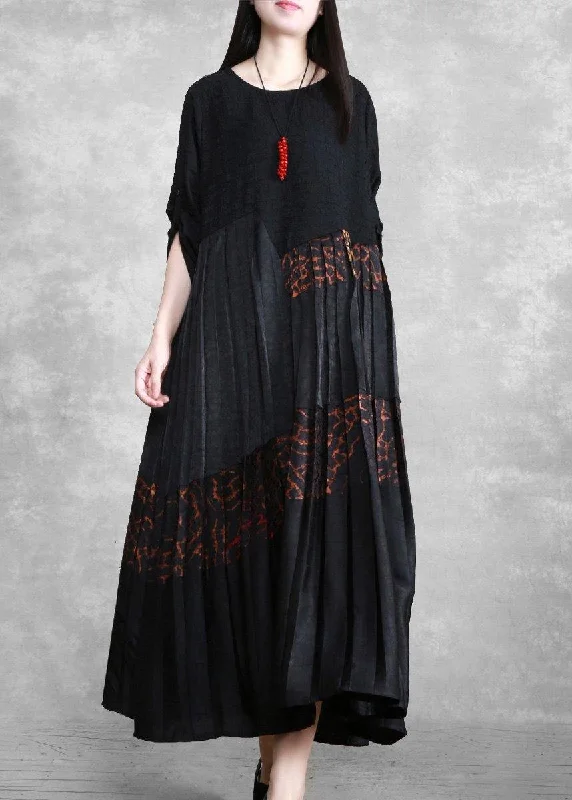 Luxy Silk Maxi Dresses Black Pleated Low High Patchwork Dress