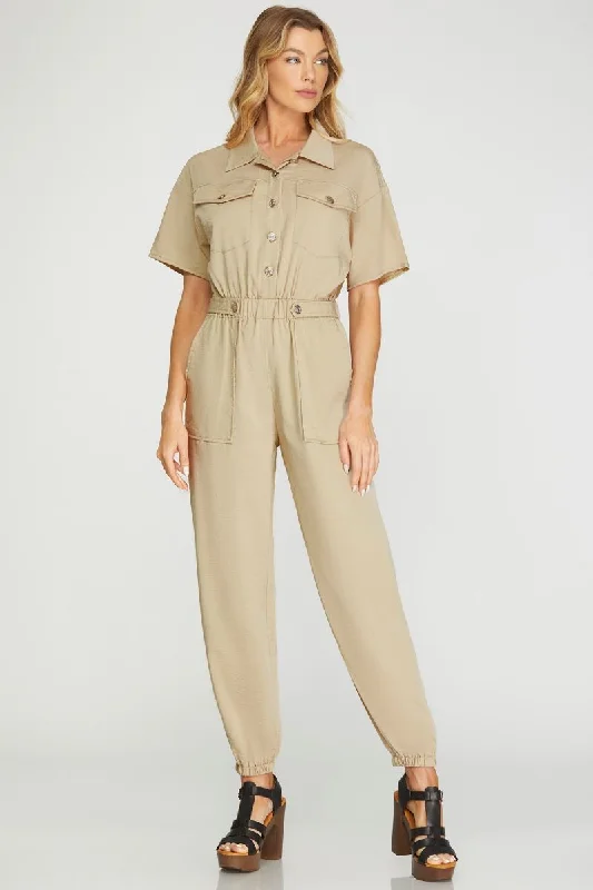 TAUPE COLLARED SHORT SLEEVES FLAP FRONT POCKET WOVEN JUMPSUIT S12SY6661