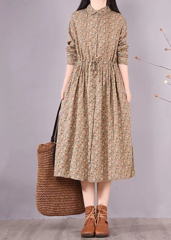 Loose Lapel Drawstring Spring Tunic Pattern Sewing Khaki Print Maxi Dresses