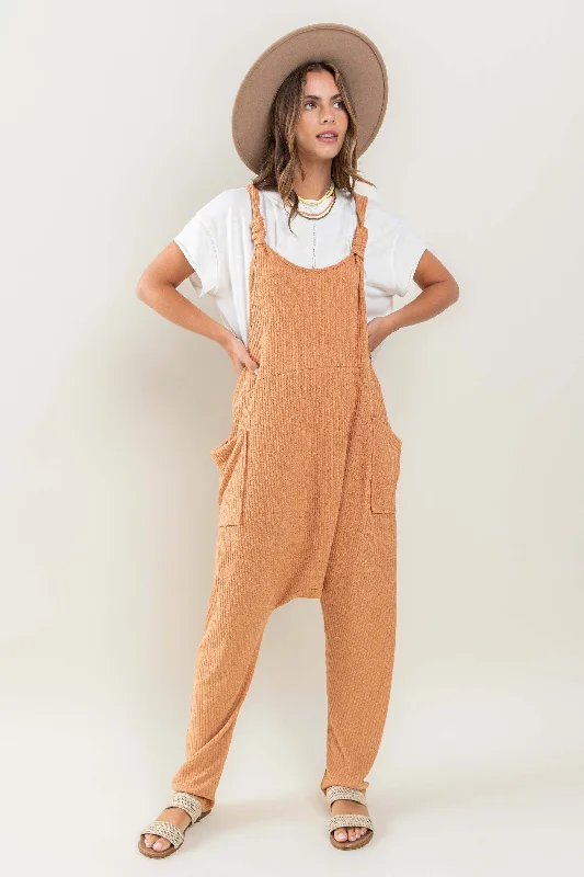 CARAMEL RIBBED DETAILED BANDED STAP JUMPSUIT CFBC60917SB