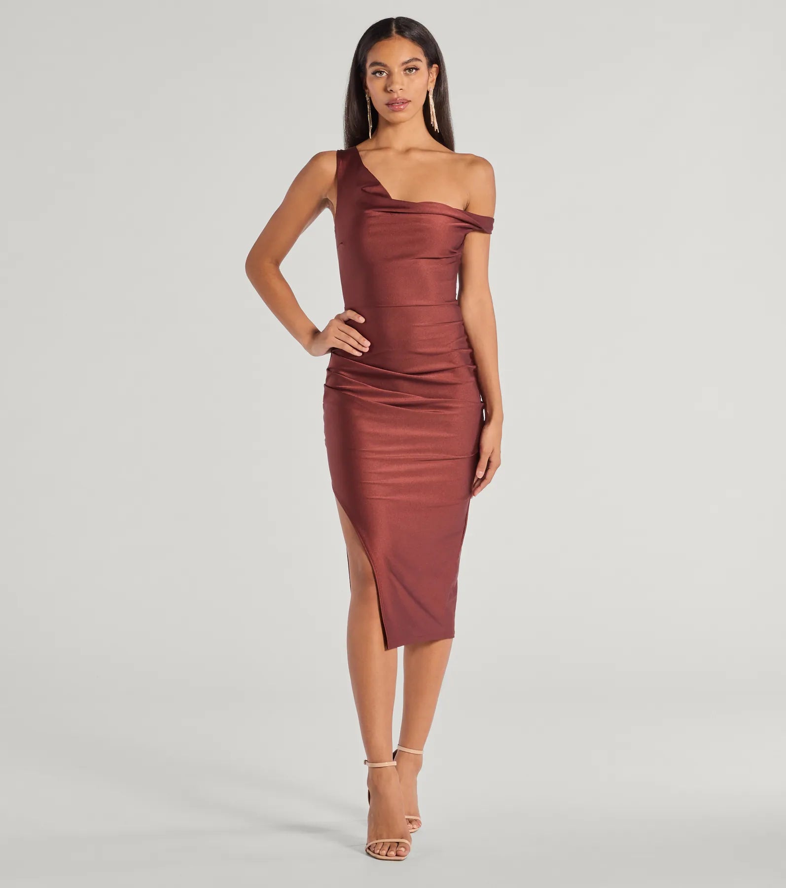 Iconic Silhouette Off-Shoulder High Slit Midi Dress