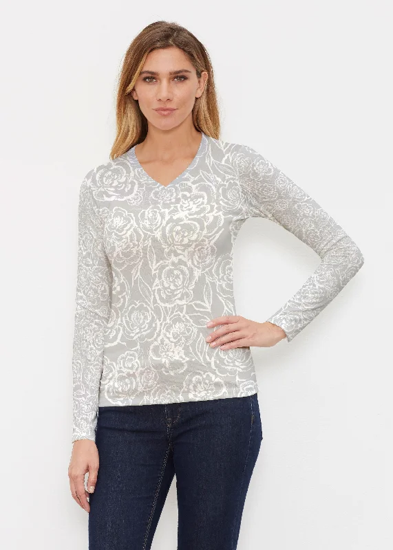 Freehand Floral Grey (7605) ~ Butterknit Long Sleeve V-Neck Top