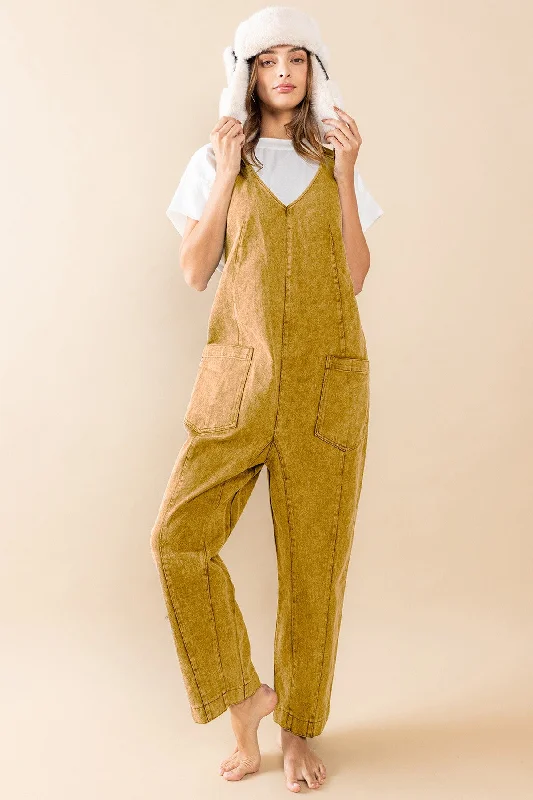 MUSTARD ACID WASHED DENIM OVERALL JUMPSUIT CFBIU60976