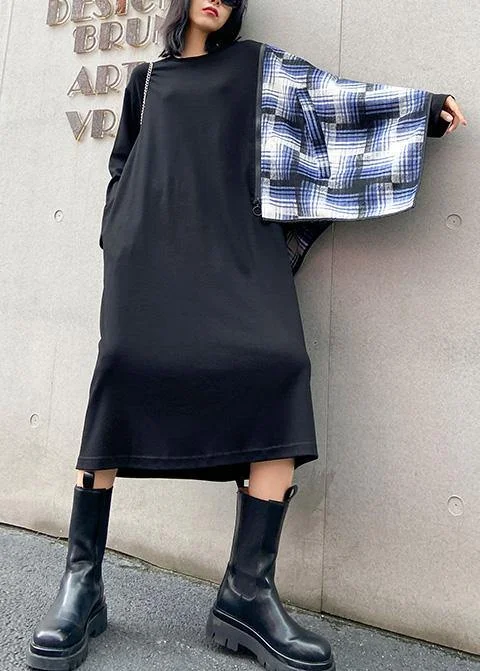 100% black Wardrobes o neck pockets plaid Maxi fall Dress