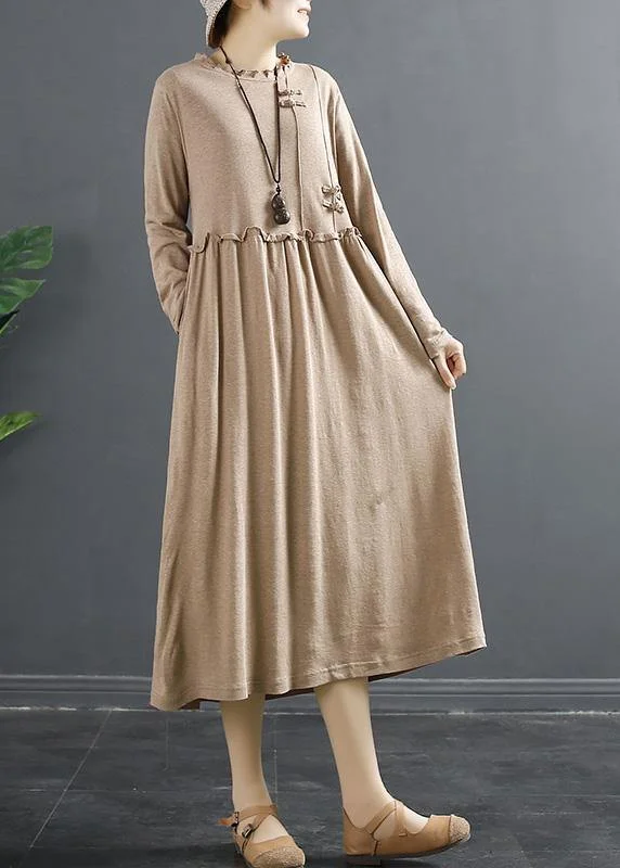 100% Ruffled Patchwork Clothes Pattern Khaki Maxi Dresses