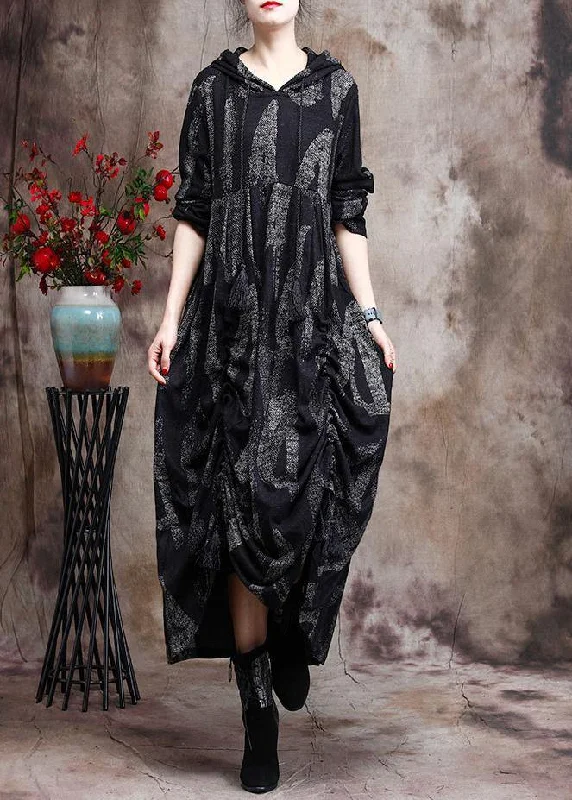 Chic Hoodie Baggy Maxi Dresses Black Print Long Dresses