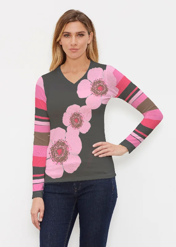 Poppy Black Stripes (7100) ~ Butterknit Long Sleeve V-Neck Top