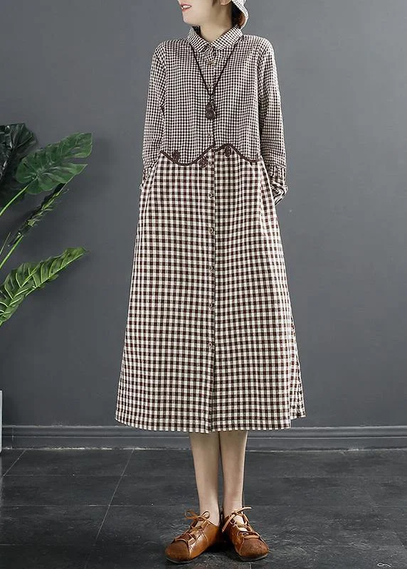 Natural Lapel Patchwork Wardrobes Work Outfits Brown Plaid Maxi Dresses