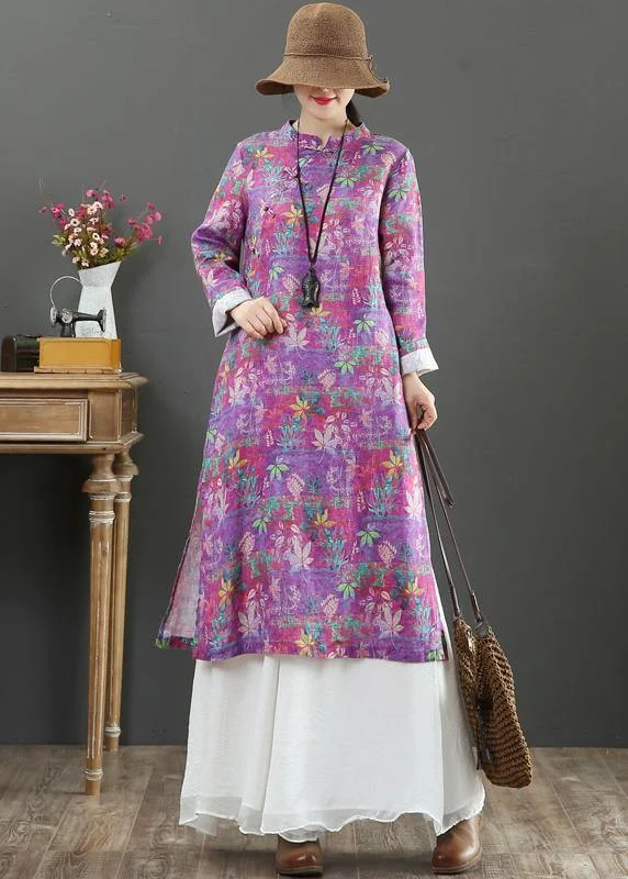 Beautiful Stand Collar Chinese Button Spring Outfit Catwalk Purple Print Maxi Dresses