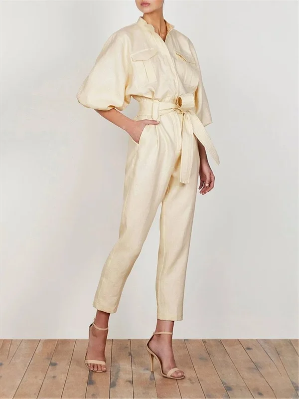 Elegant Solid Color Pocket Collar Jumpsuits