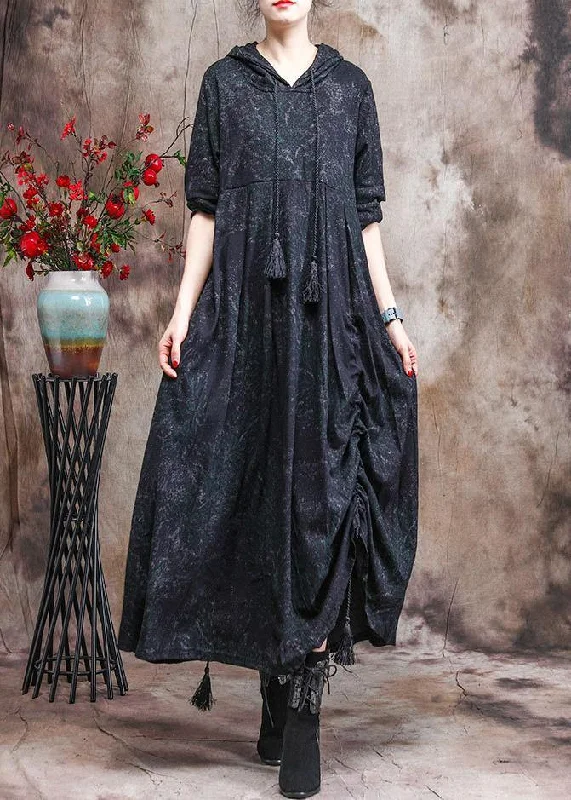 Unique Dark Green Print Outfit Hoodie Dress Asymmetric Maxi Dress