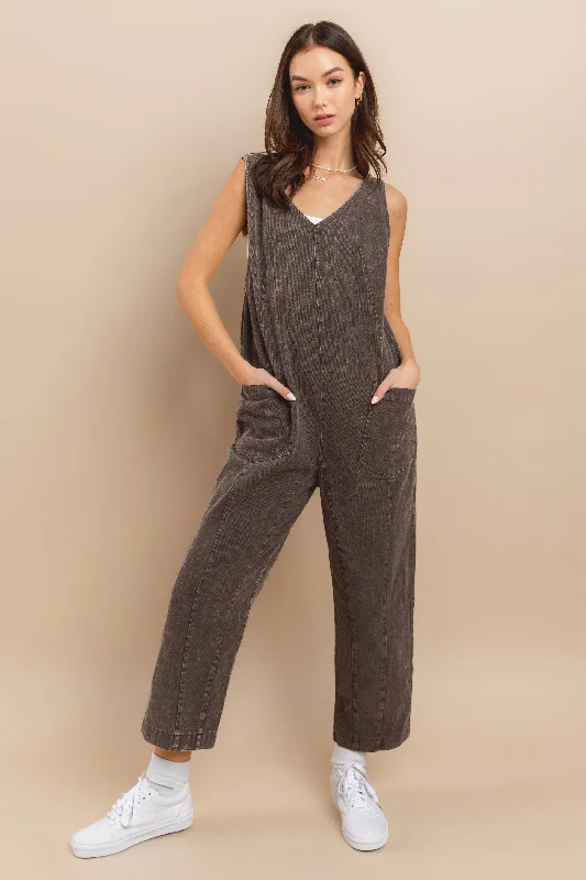 BROWN ACID WASHED DENIM OVERALL JUMPSUIT CFBIU60976