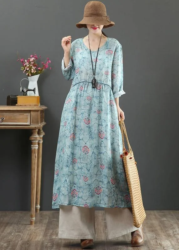 Women Blue Print Dresses O Neck Cinched Maxi Spring Dresses