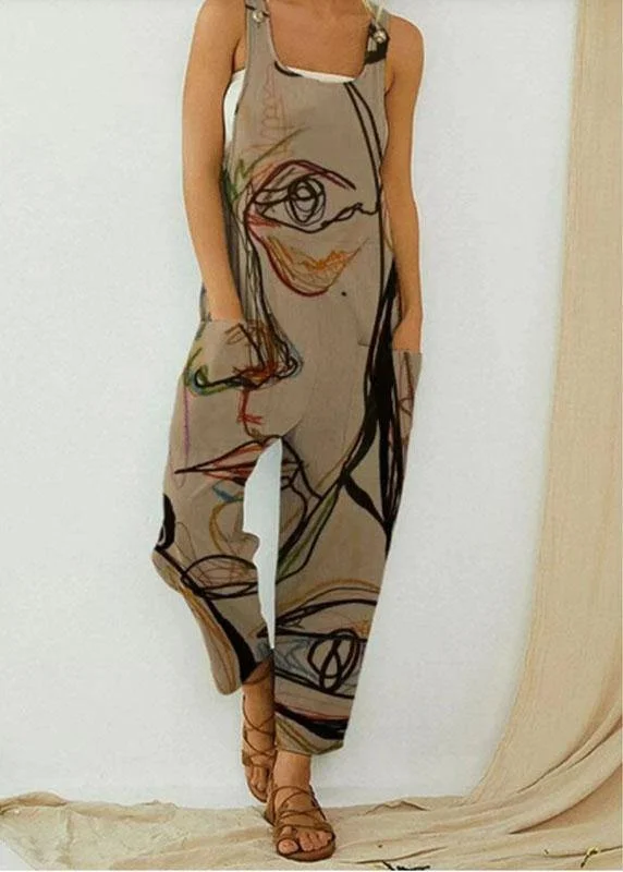 Vintage Abstract Art Illustration Print Straps Women Jumpsuit With Pocket