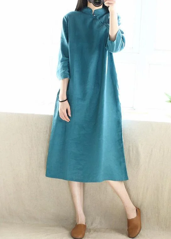 Simple Blue Green Tunics Stand Collar Half Sleeve Maxi Dress