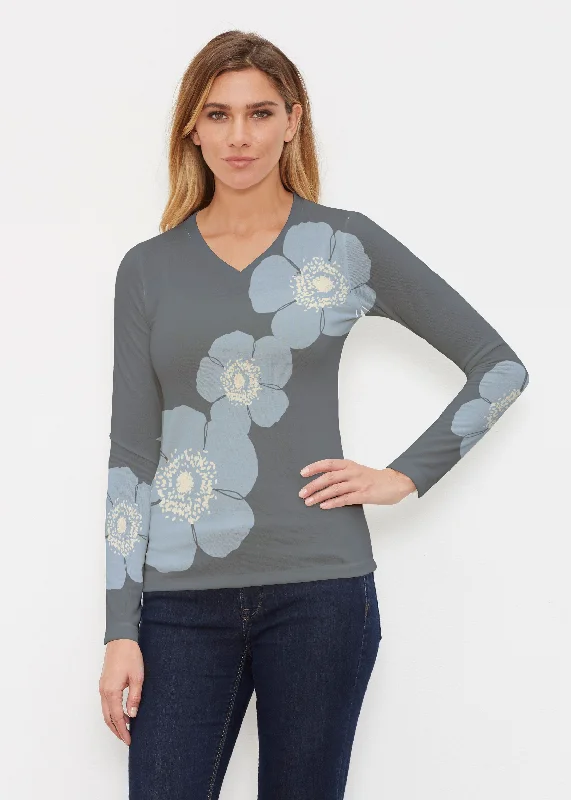 Poppy SteelBlue-Grey (7066) ~ Butterknit Long Sleeve V-Neck Top