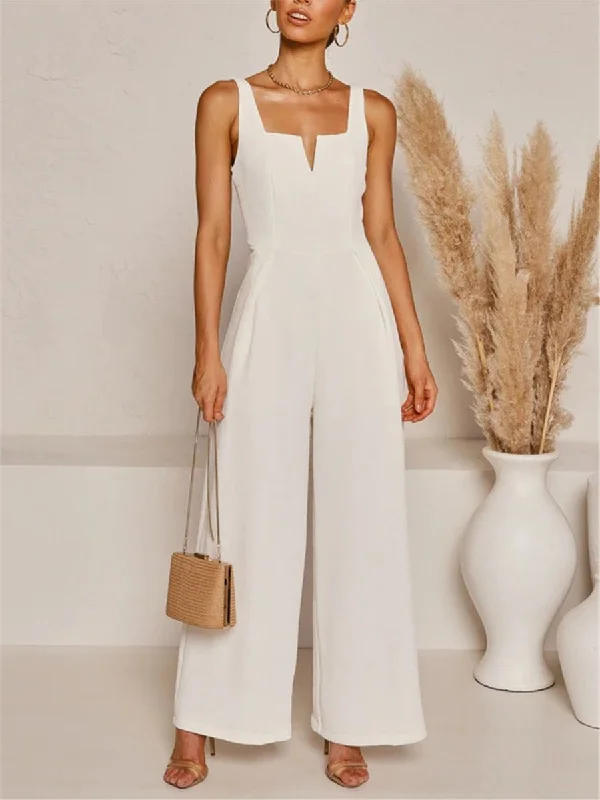 Simple Solid Color V-Neck Jumpsuits