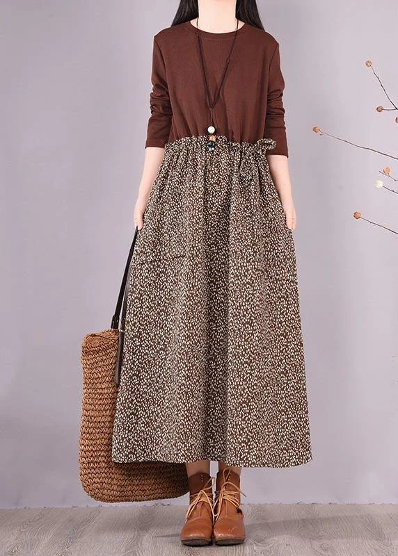 Bohemian Chocolate Patchwork Print Clothes For Women O Neck Maxi Spring Dress