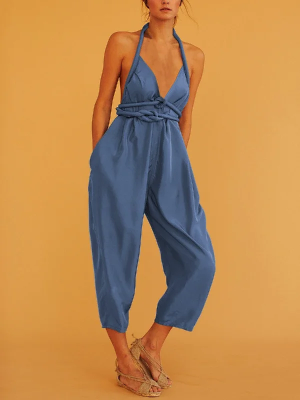 Sexy Fashion Solid Color Halter Jumpsuits