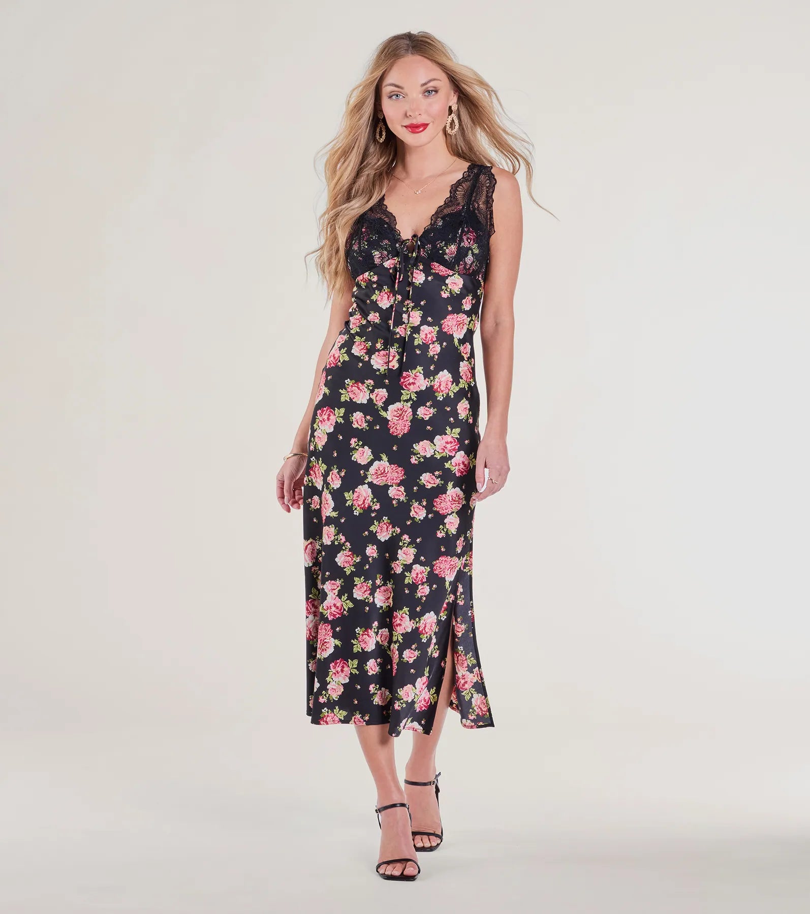 Sunset Dinner Lace V-Neck Floral Satin Midi Dress