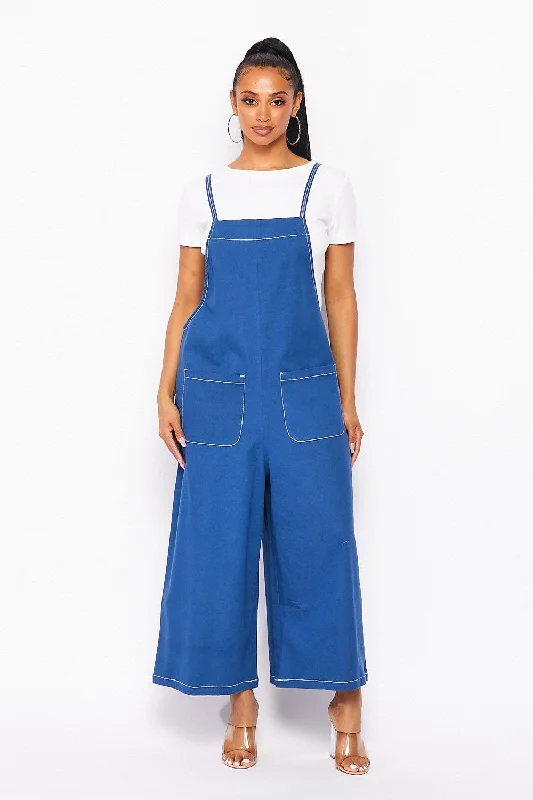 NAVY BLUE FRONT POCKETS WIDE LEG JUMPSUIT AMR111