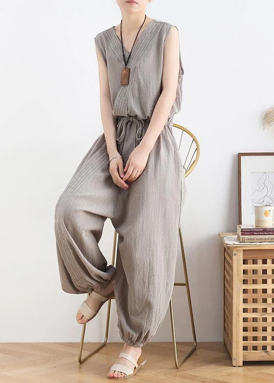 Women's 2024 spring and summer new drawstring waist gray jumpsuit wide-leg pants