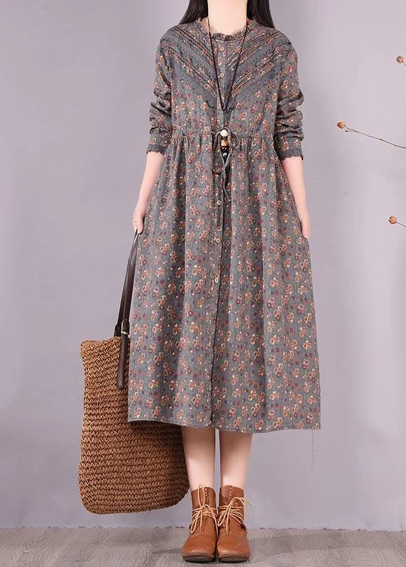 Organic O Neck Patchwork Spring Tunic Pattern Shirts Gray Print Maxi Dresses