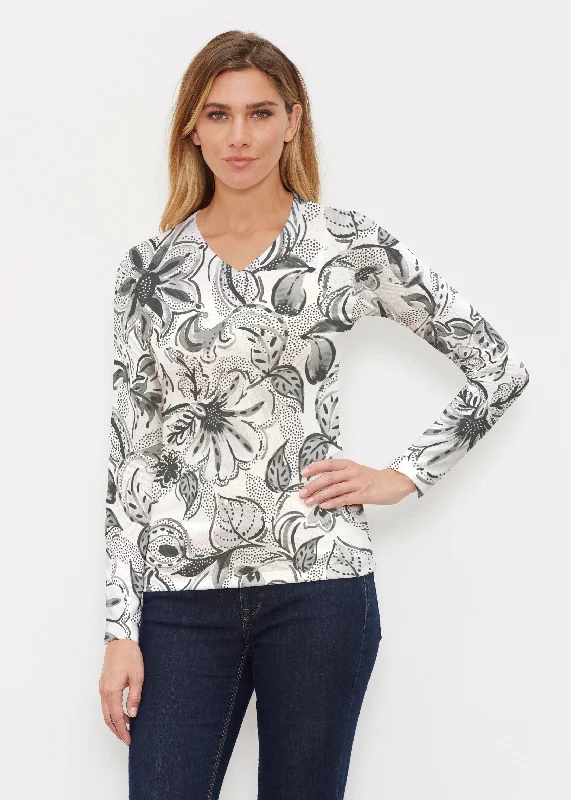 Baltic Watercolor Black (7697) ~ Butterknit Long Sleeve V-Neck Top