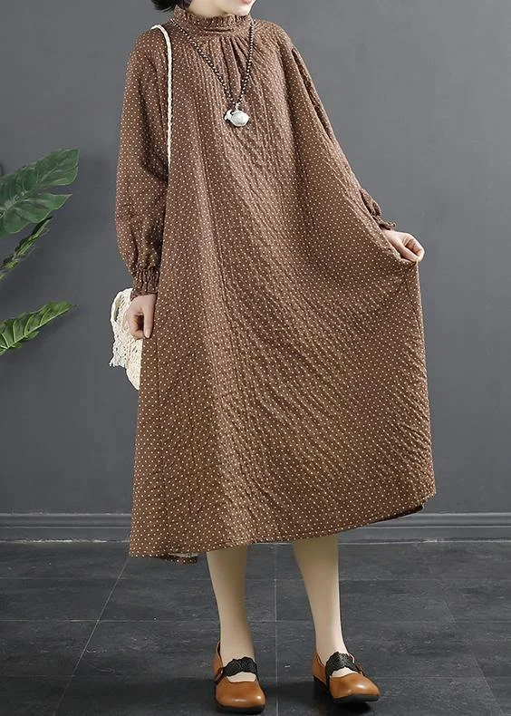 Chic Stand Collar Tunic Dress Work Outfits Chocolate Dotted Maxi Dress