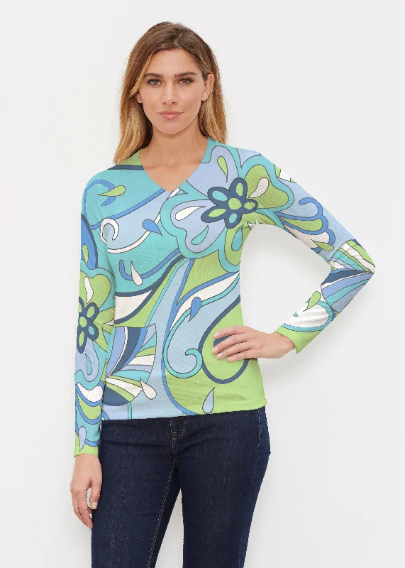 Floral Spritz Turquoise (22093) ~ Butterknit Long Sleeve V-Neck Top