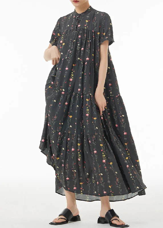 Casual Black Print Patchwork Wrinkled Cotton Maxi Dresses Summer