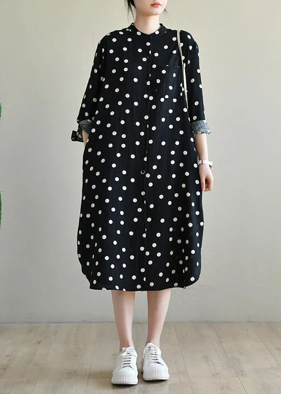 Women Black Dot Button Spring Maxi Dress