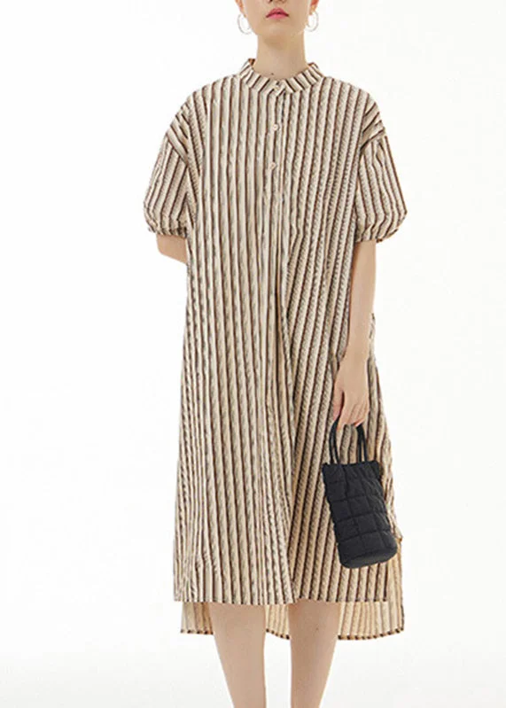 Coffee Stand Collar Low High Design Cotton Maxi Shirt Dress Short Sleeve