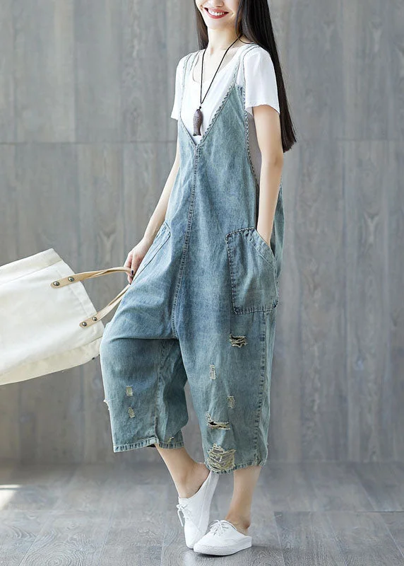 Modern light Blue pockets ripped Jeans loose Jumpsuit Spring