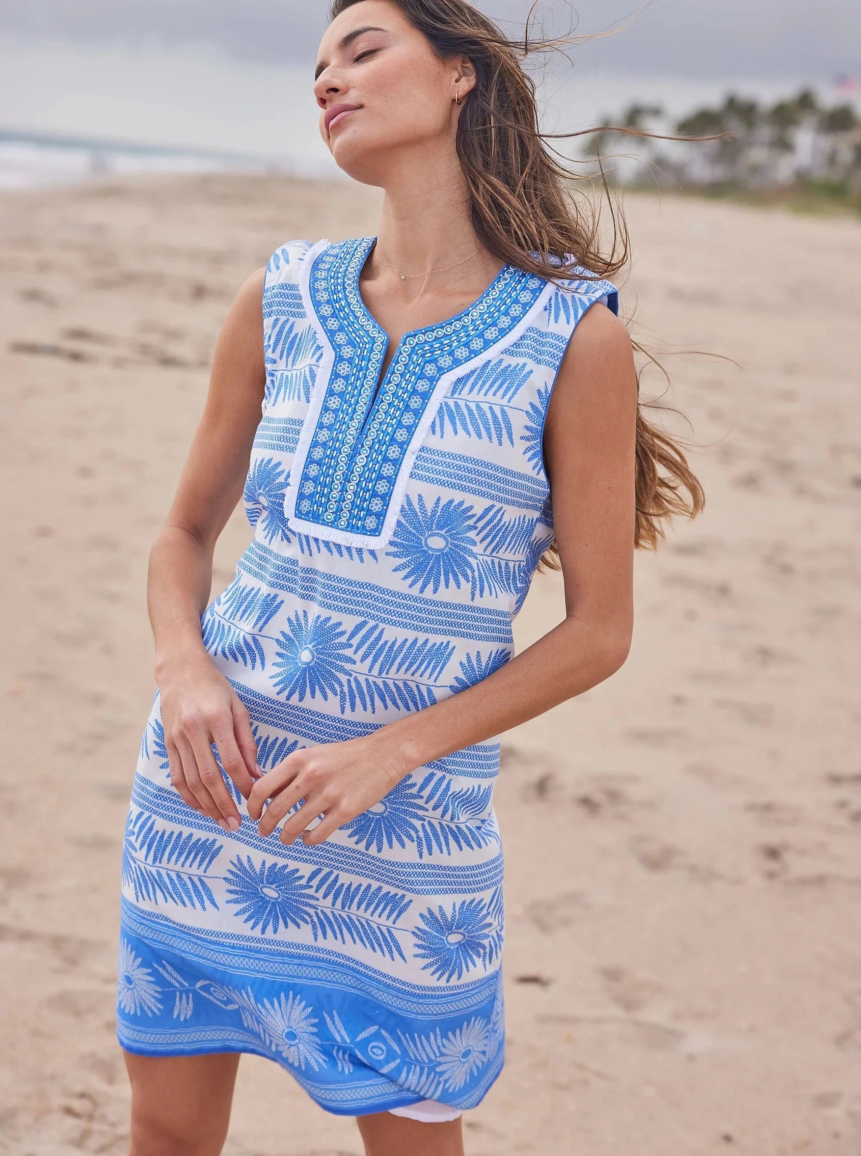 Embroidered Flower Cap Sleeve Dress in Blue