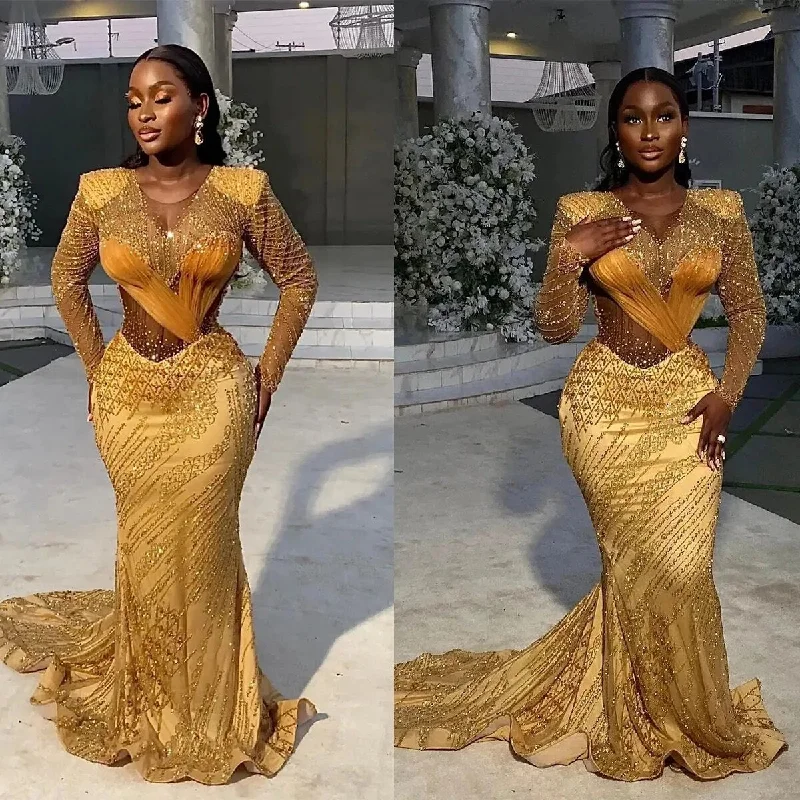 Elegant Gold Sequins Mermaid Prom Dresses Jewel Long Sleeves Beaded Applicant Ruffle Plus SIze Zipper Chapel Eevning Gown