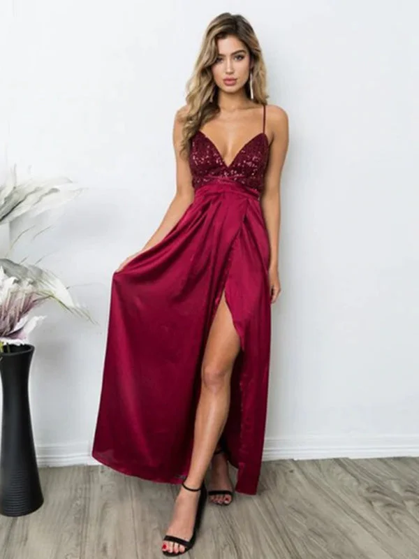 Sexy Dark Red Spaghetti Strap V-neck Sequin Top Side-slit A-line Long Prom Dress, PD3272