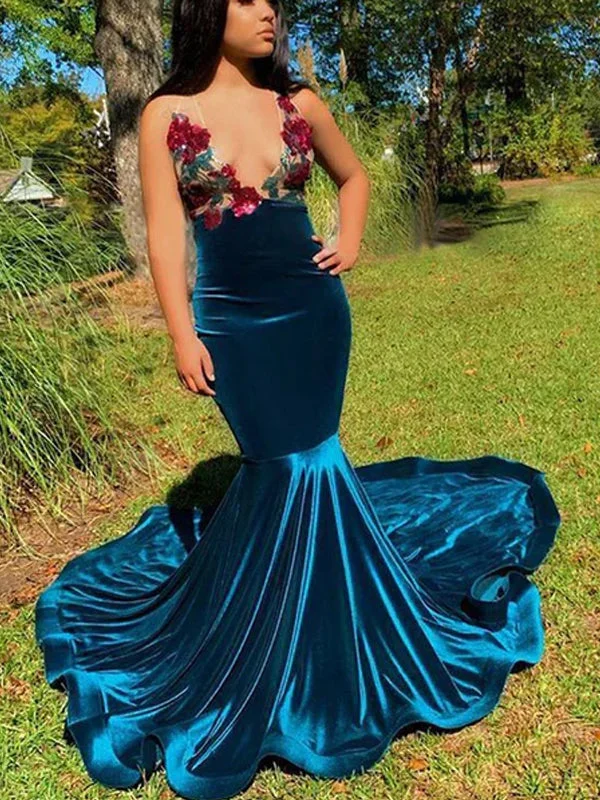 Sexy Royal Sea Blue Velvet Flower Mermaid Long Prom Dress, PD3126