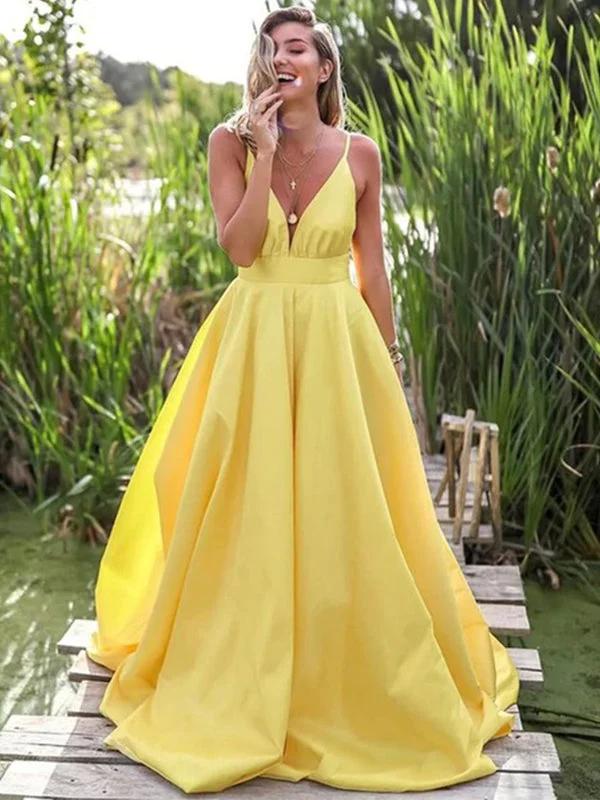 Light Pastel Yellow Sexy Spaghetti Straps V-neck Long Empire Prom Dresses, PD0951