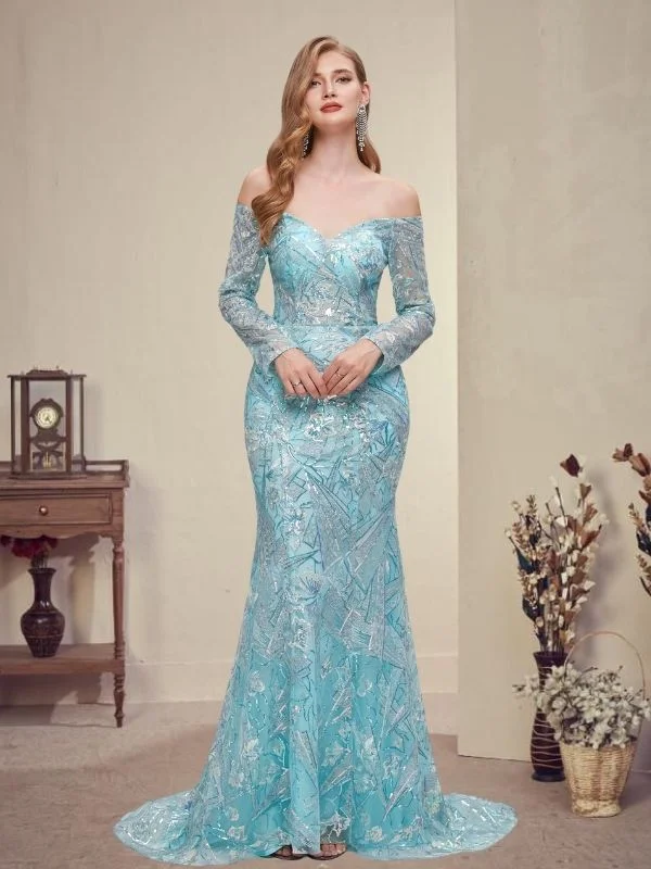 Modest Off-shoulder Ice-blue Long Sleeves Mermaid Long Lace Prom Dress, PD3571