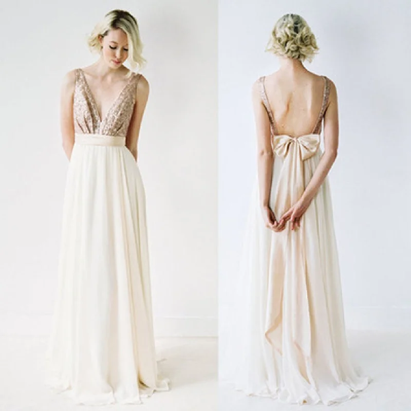 Sexy Sparkly Backless Champagne Ivory A-line Bow Tie Long Prom Dress, WG05