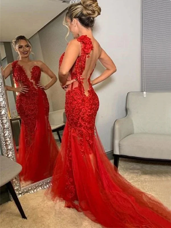 Red Lace Uniqe Design Open Back Elegant Formal Mermaid Long Prom Dresses PD1440